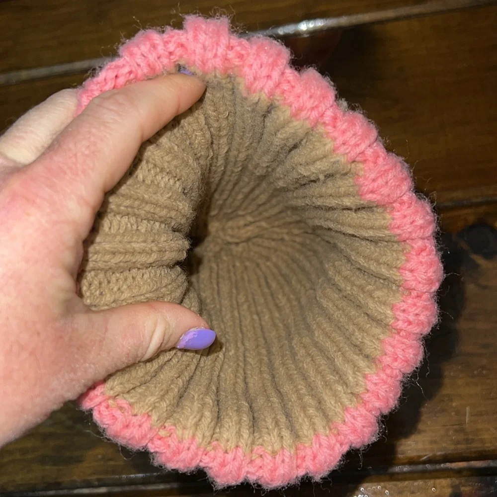 Hand Knit Tan &‎ Pink Girl’s Hat- OS